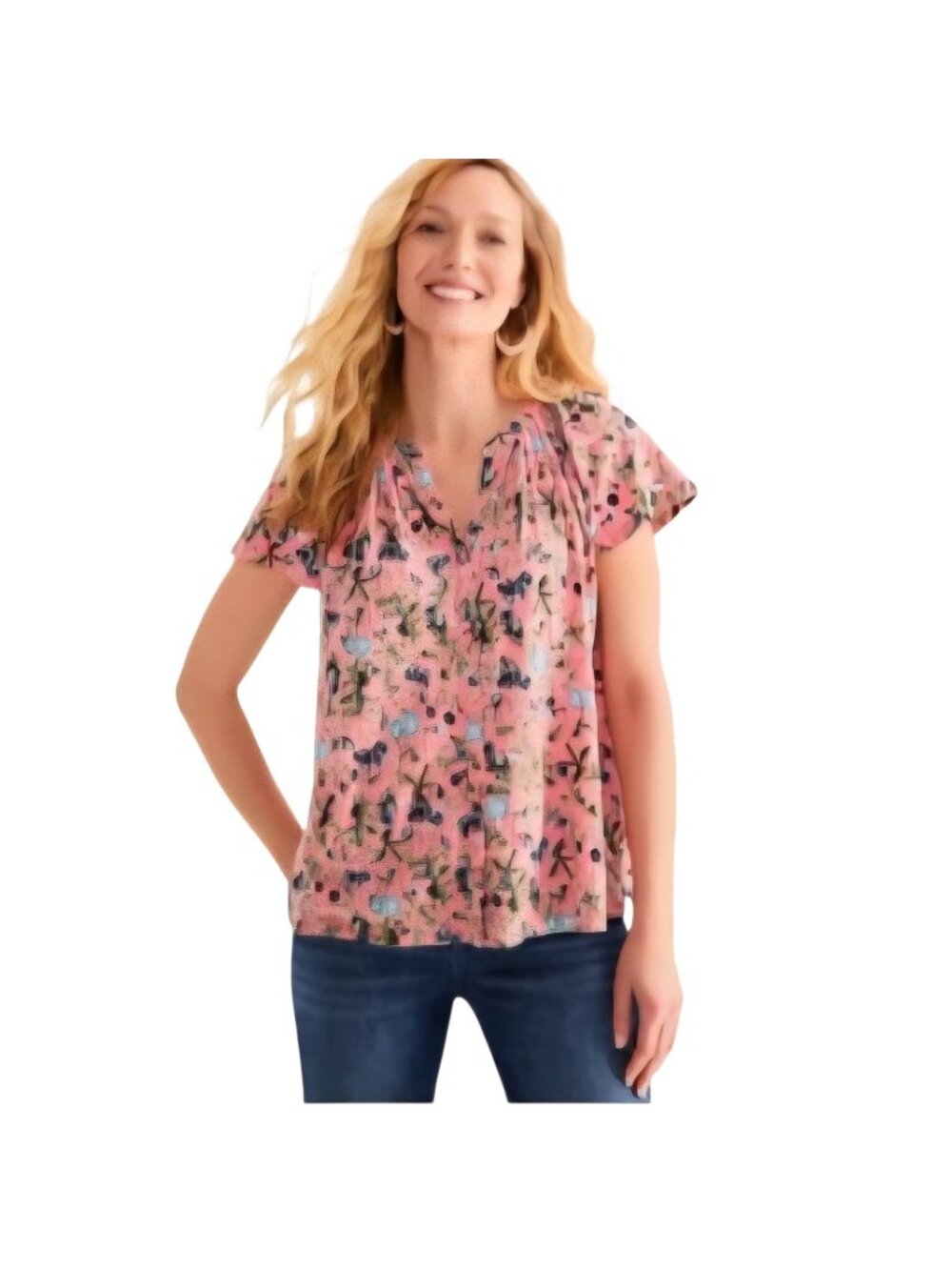 Style & Co. Womens Pink Multi Floral V-Neck Short Sleeve Pullover Top Pleated L